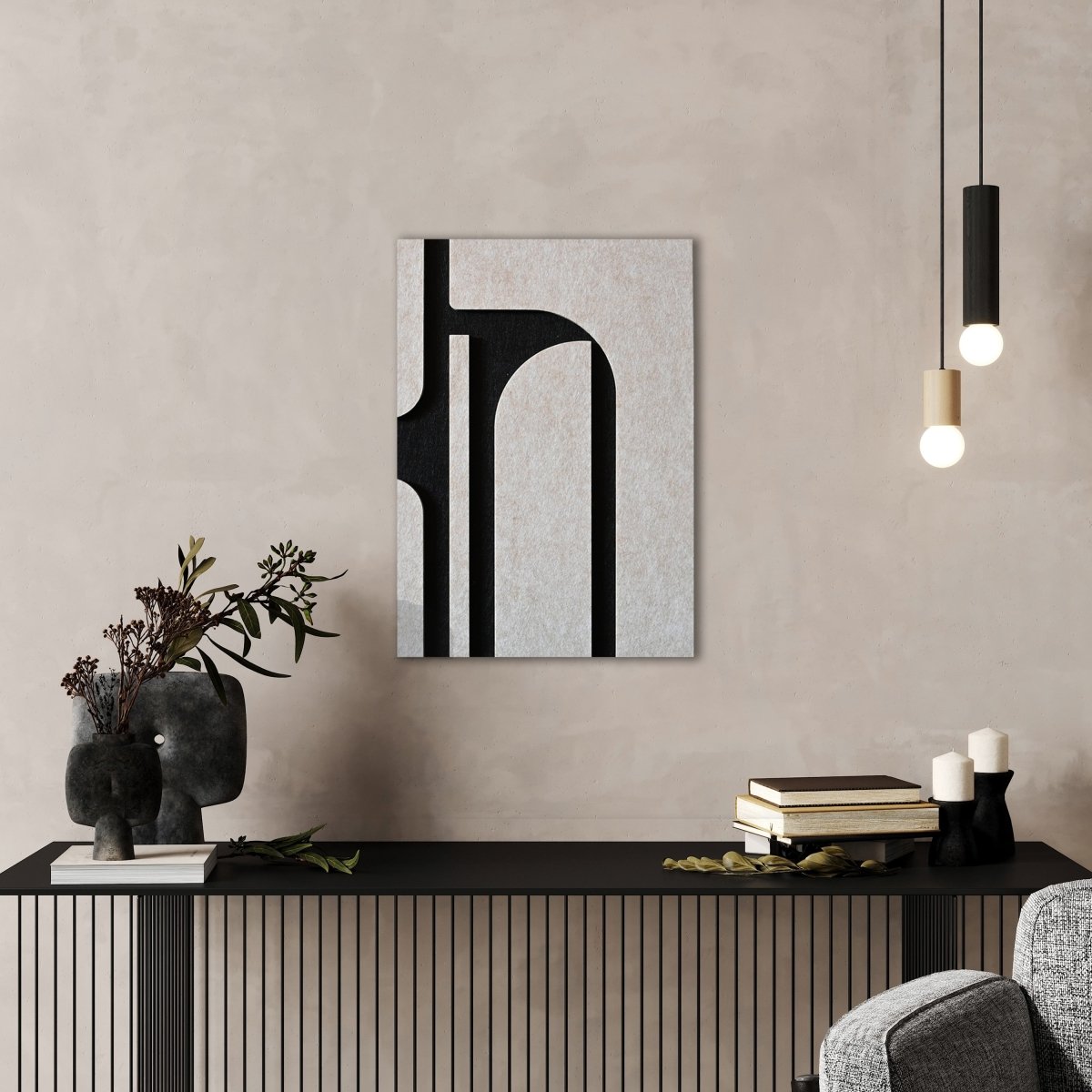 Abstract vilt wanddecoratie - vilten wanddecoratie in de kleur Black & white van Van Tjalle en Jasper