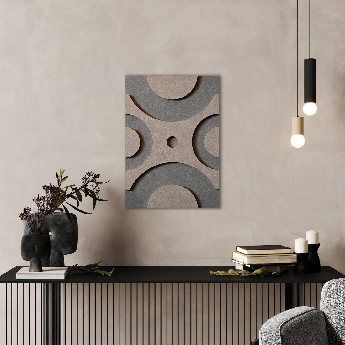 Dot vilt wanddecoratie - vilten wanddecoratie in de kleur Grey & taupe van Van Tjalle en Jasper